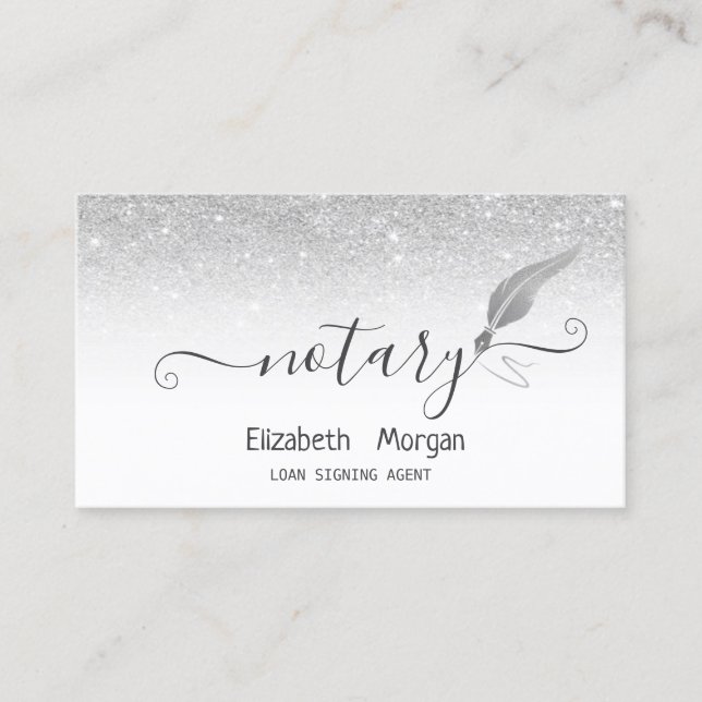 Elegant Chic Silver Feather Notary Glitter Business Card (Front)