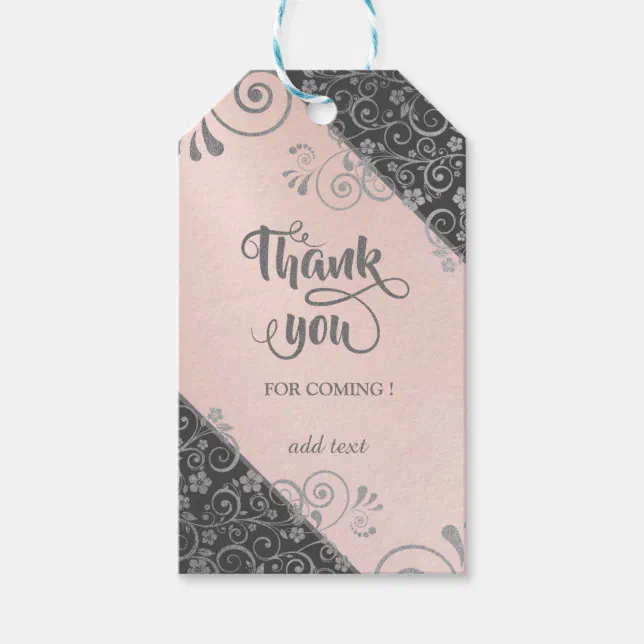 Elegant Chic Silver Flowers Pink Thank You Gift Tags | Zazzle
