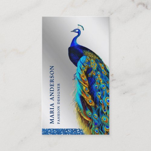 Elegant Chic Silver Foil Blue Indian Peacock Business Card