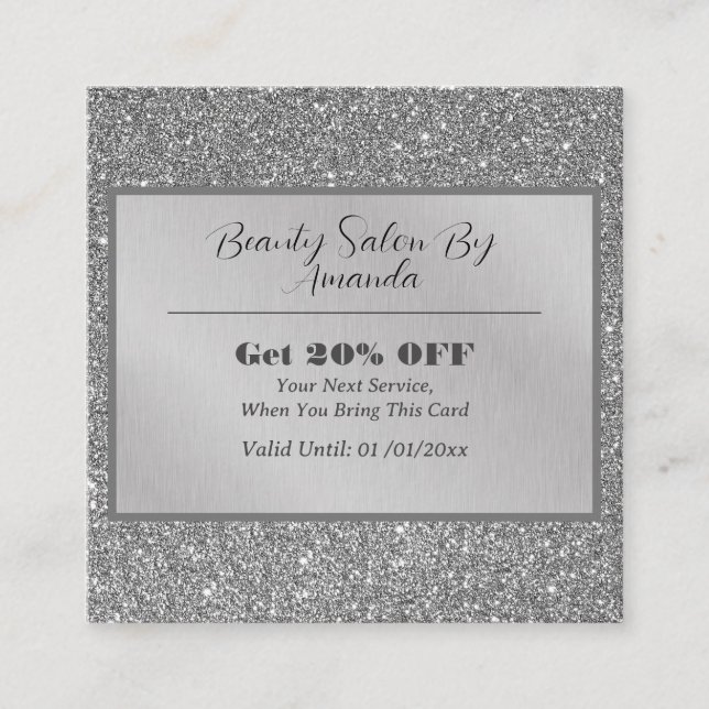Elegant Chic Silver Foil Glitter Glamorous Salon  Discount Card (Front)