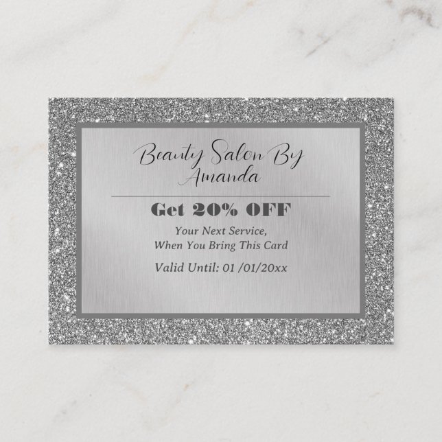 Elegant Chic Silver Foil Glitter Glamorous Salon  Discount Card (Front)