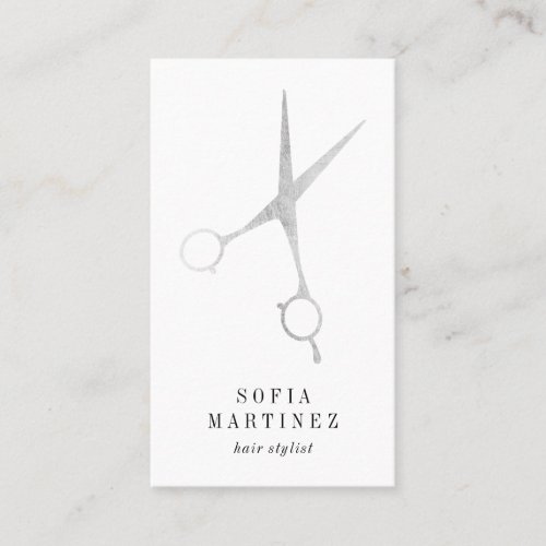 Elegant chic silver foil hairstylist scissors logo business card