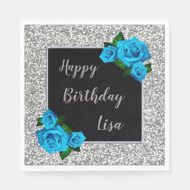 Elegant Chic Silver Glitter Blue Roses Birthday Napkins (Front)