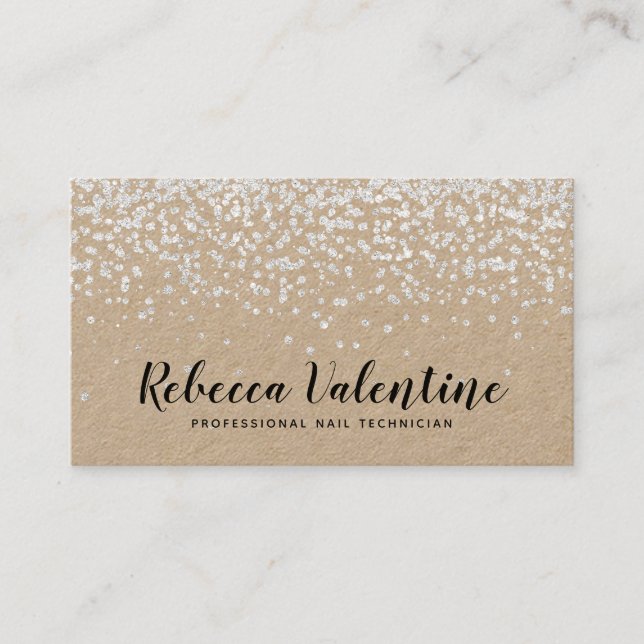 Elegant chic silver glitter confetti kraft minimal business card (Front)