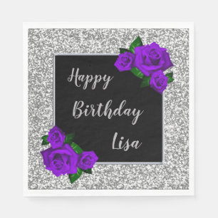 Elegant Chic Silver Glitter Purple Roses Birthday Napkins