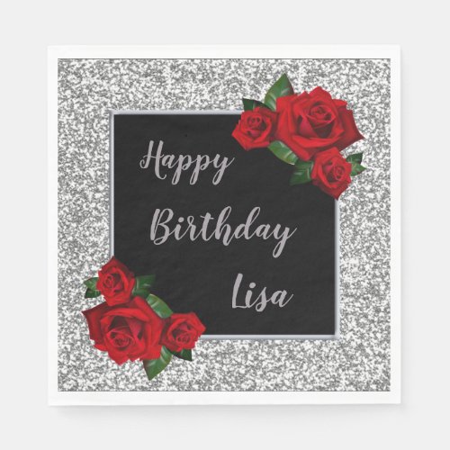 Elegant Chic Silver Glitter Red Roses Birthday Napkins