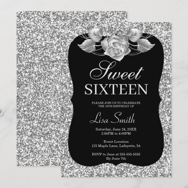 Elegant Chic Silver Glitter Silver Rose Sweet 16 Invitation (Front/Back)