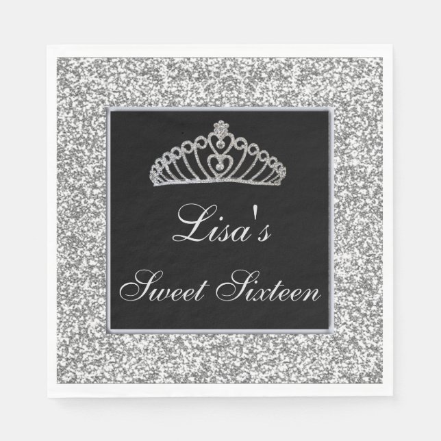 Elegant Chic Silver Glitter Tiara Sweet 16 Napkins (Front)