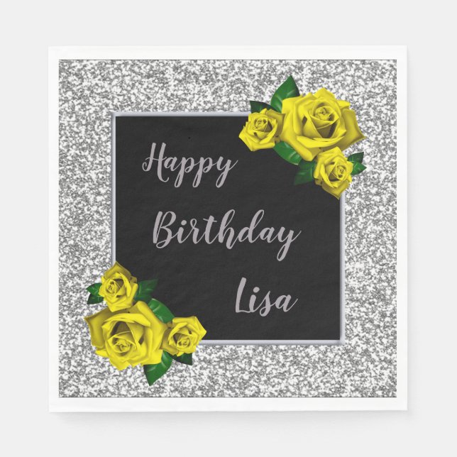 Elegant Chic Silver Glitter Yellow Roses Birthday Napkins (Front)