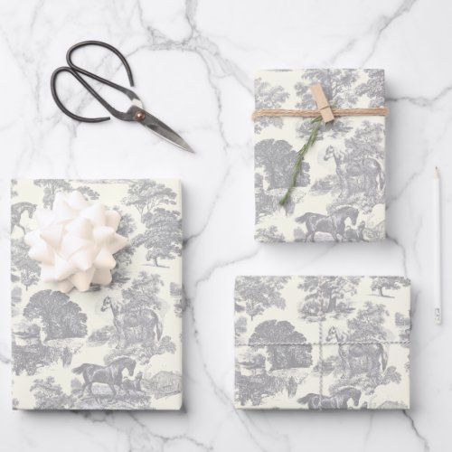 Elegant Chic Silver Gray Horse Toile Wrapping Paper Sheets