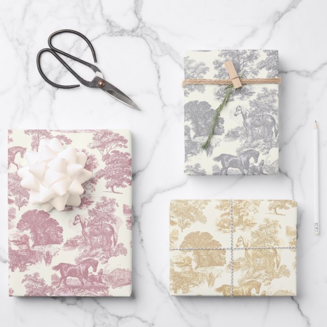 Elegant Chic Silver Gray Pink Beige Horse Toile Wrapping Paper Sheets (Front)