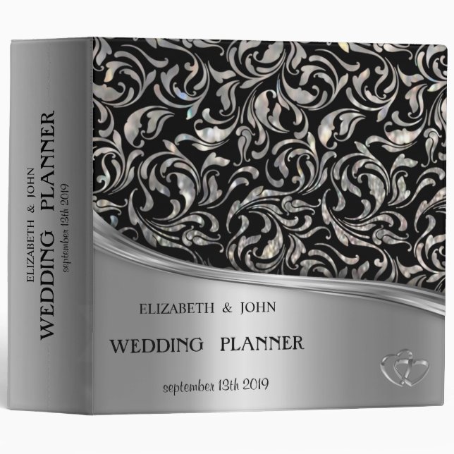 Elegant Chic Silver  Hearts, Swirls 3 Ring Binder (Front/Spine)