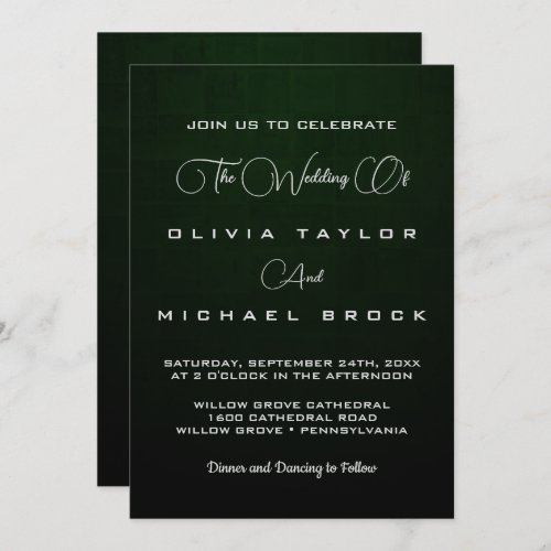Elegant chic silver on dark green wedding invitation