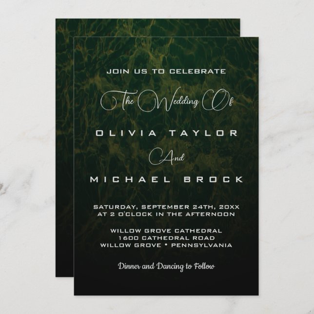 Elegant chic simple formal rustic green wedding invitation (Front/Back)