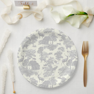 Elegant Chic Soft Gray Toile Deer Woodland Paper Plates