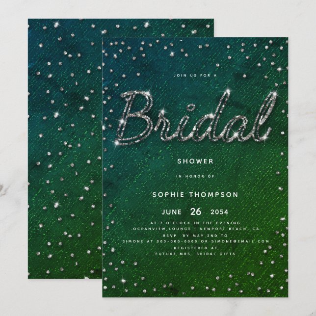 Elegant Chic Sparkle Glitter Emerald Bridal Shower Invitation (Front/Back)
