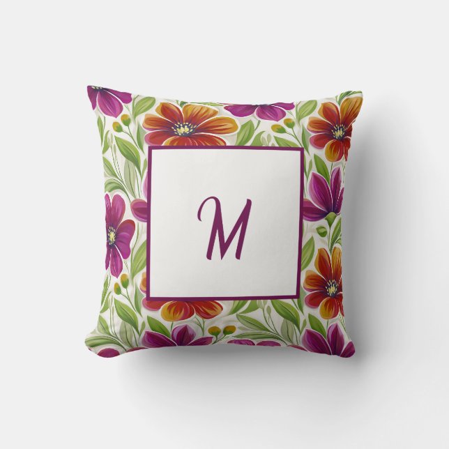 Elegant Chic Spring Floral Monogram  Throw Pillow (Front)