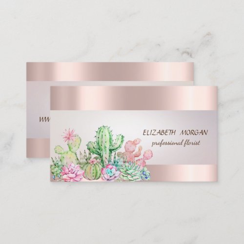 Elegant Chic Stripe Cactus Succulents Rose Gold Business Card