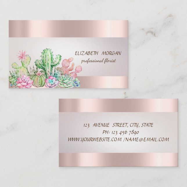 Elegant Chic Stripe Cactus Succulents Rose Gold Business Card (Front/Back)