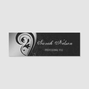 Elegant Chic Stylish Gray Swirls Black Damask Name Tag