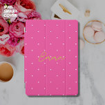 Elegant Chic Stylish Hot Pink and Gold Polka Dot iPad Pro Cover<br><div class="desc">Protect your iPad in style with this stylish and protective iPad cover. It features a small white polka dot on a bright pink background and trendy gold tone hand script font with your name. Update the easy to use template with your choice of name. Create your own unique, perfect gift!...</div>