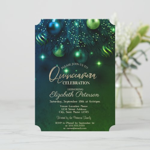 Elegant Chic Stylish Ornaments Green Quinceaera Invitation