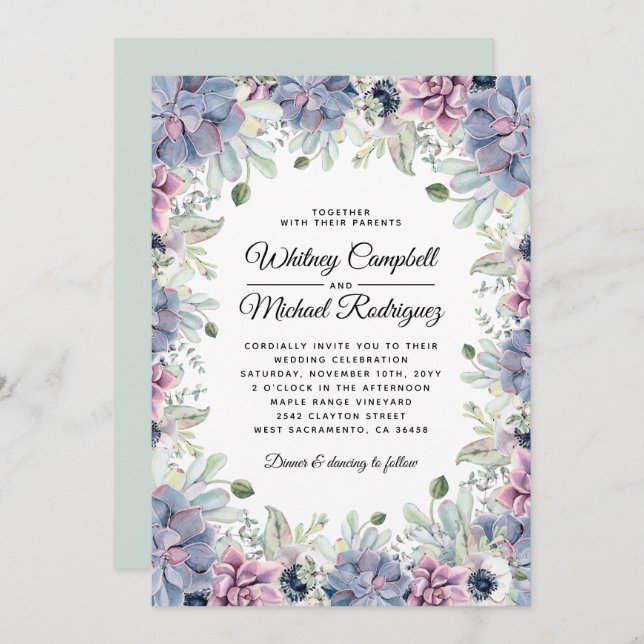 Elegant Chic Succulent Florals Wedding Invitation (Front/Back)
