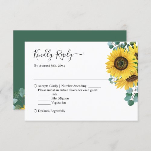 Elegant Chic Sunflower Eucalyptus Leaves Wedding RSVP Card - Elegant Chic Sunflower Eucalyptus Leaves Wedding RSVP Reply Card. 
(1) For further customization, please click the "customize further" link and use our design tool to modify this template. 
(2) If you prefer Thicker papers / Matte Finish, you may consider to choose the Matte Paper Type. 
