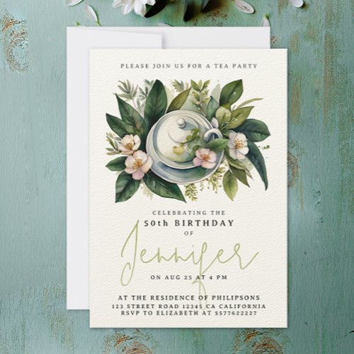 Elegant Chic Tea Party Birthday Floral Watercolor  Invitation