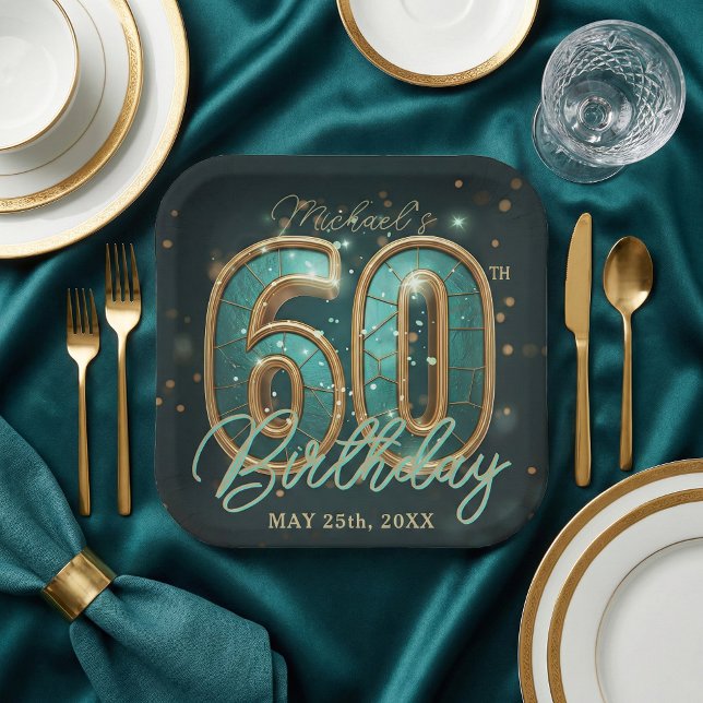 Elegant Chic Teal and Gold 60th Birthday Party Paper Plates (Creator Uploaded)