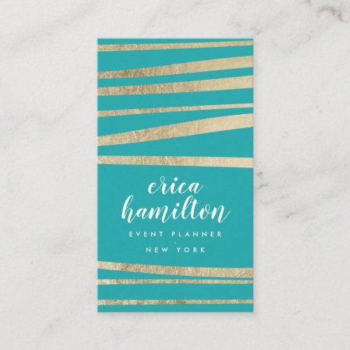 Elegant chic teal and gold foil striped geometric business card