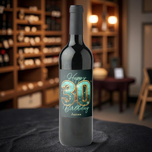 Elegant Chic Teal and Gold Metallic 30th Birthday Wine Label