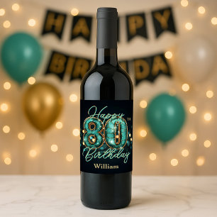 Elegant Chic Teal and Gold Metallic 80th Birthday Wine Label