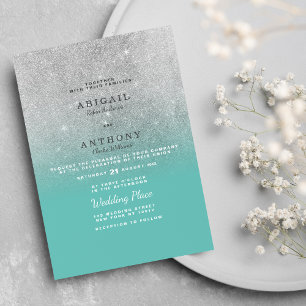 Elegant chic teal silver glitter ombre wedding invitation