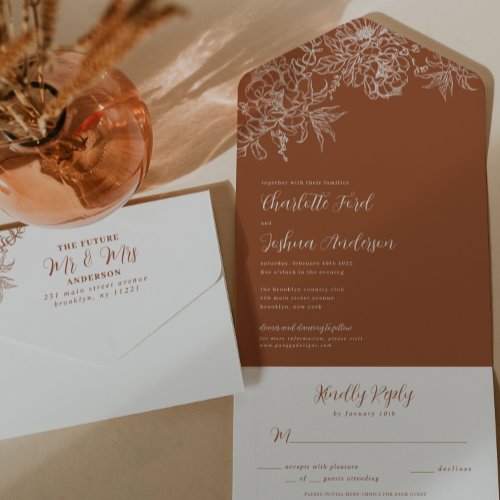 Elegant Chic Terracotta Copper Floral RSVP Wedding All In One Invitation