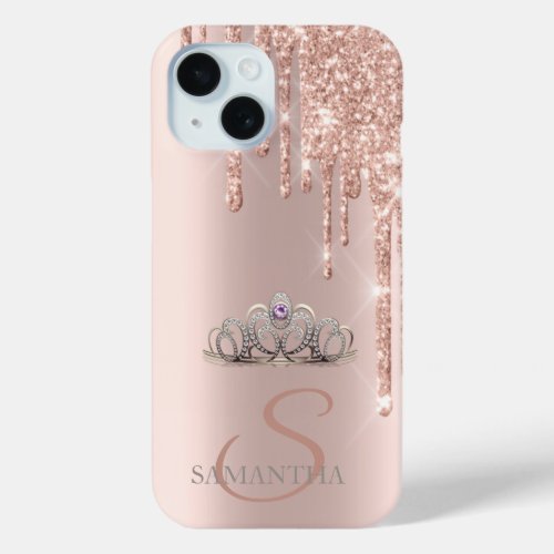 Elegant Chic Tiara Rose Gold Glitter Drips iPhone 15 Case