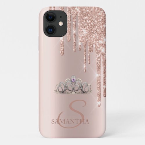 Elegant Chic Tiara Rose Gold Glitter Drips iPhone 11 Case