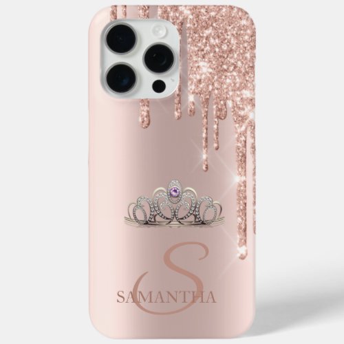 Elegant Chic Tiara Rose Gold Glitter Drips iPhone 15 Pro Max Case