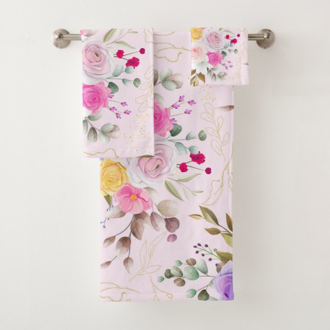 Elegant chic trendy Pink floral  Bath Towel Set (Insitu)