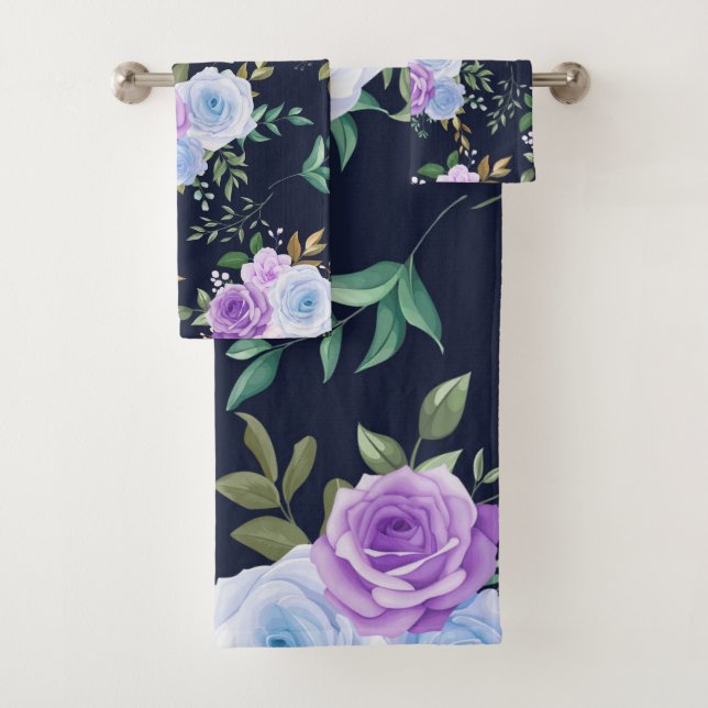 Elegant chic trendy purple floral  bath towel set (Insitu)