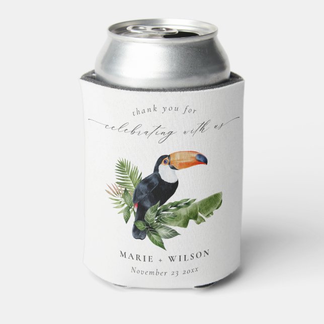Elegant Chic Tropical Rainforest Toucan Wedding Can Cooler (Can Back)
