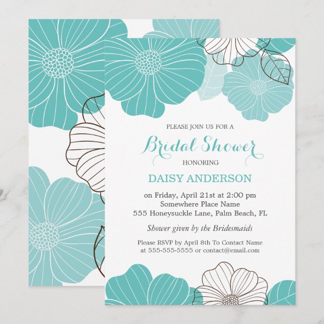 Elegant Chic Turquoise Green Floral Bridal Shower Invitation (Front/Back)