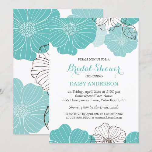 Elegant Chic Turquoise Green Floral Bridal Shower 5x7 Paper Invitation Card