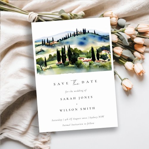 Elegant Chic Tuscany Italy Watercolor Landscape Save The Date