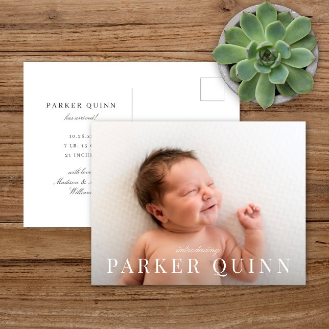 Elegant Chic Typography Photo Birth Announcement Postcard (Creator Uploaded)