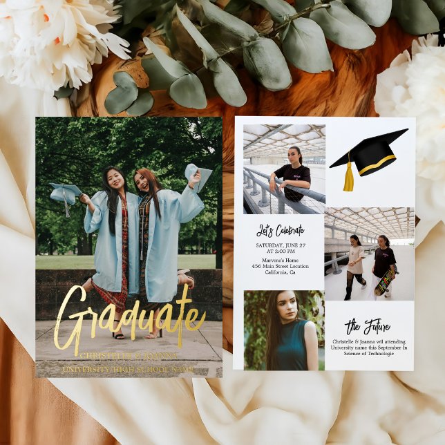 Elegant Chic Typography Twin Graduation Party  Foil Invitation (Creator Uploaded)
