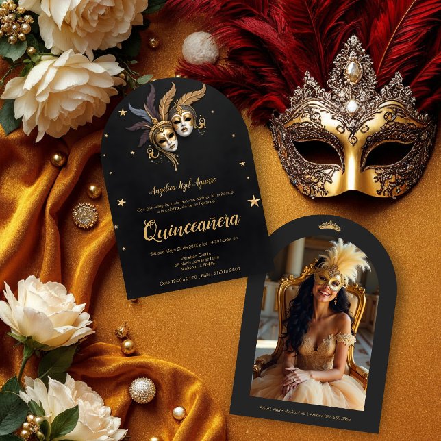 Elegant Chic Venetian Mask Quinceañera Party Invitation (Two ornate Venetian masks with gold and feather accents set against a dark background.)