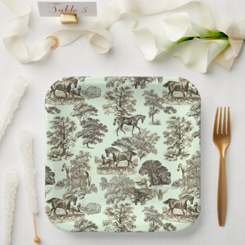 Elegant Chic Vintage Beige Rustic Horses Toile Paper Plates