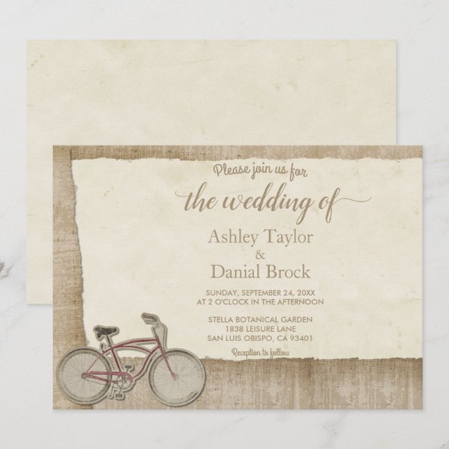 Elegant Chic Vintage Bicycle Rustic Wood Wedding Invitation (Front/Back)
