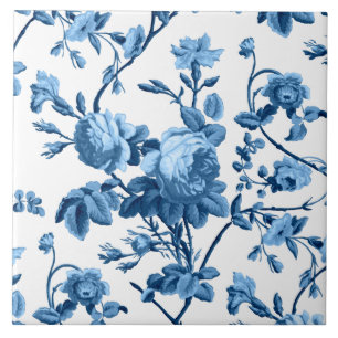 Elegant Chic Vintage Blue Rose Floral Ceramic Tile
